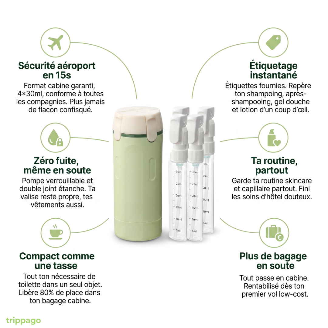 Trippago — Le flacon de voyage 4-en-1